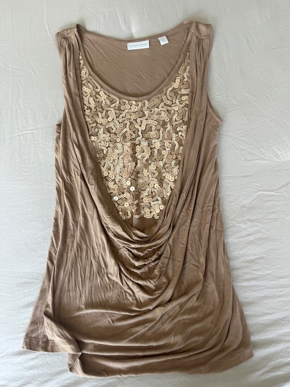New York & Company Taupe Draped Tank with Gold Sequin Panel